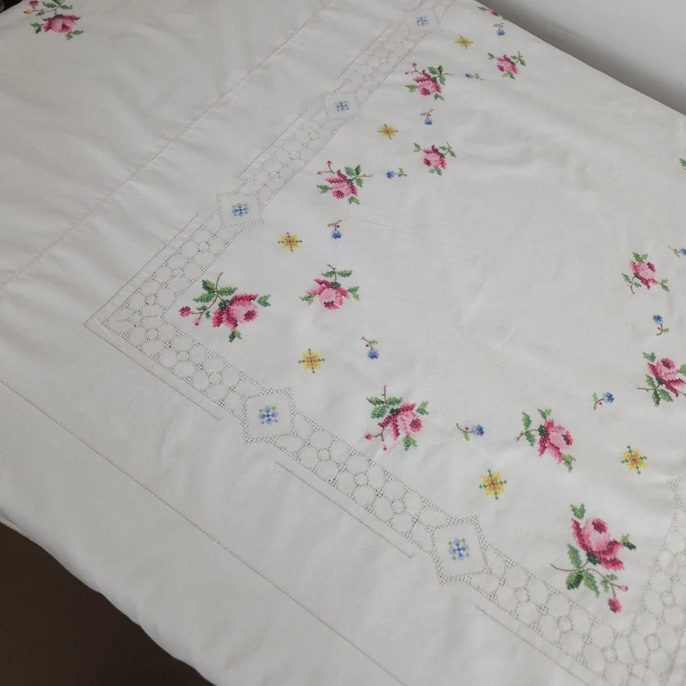 Vtg Hand Embroidered Linen Tablecloth Cross Stitch Grandmillenial Shabby 62x96